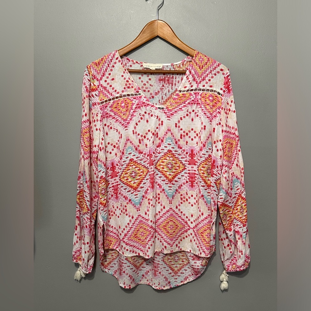 Lovestitch Long Sleeved Pullover Boho Style Blouse White/Pink Large Pretty!!